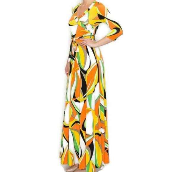 Janette Fashion Seventies Retro Swirl Faux Wrap Maxi Dress - Picture 4 of 4